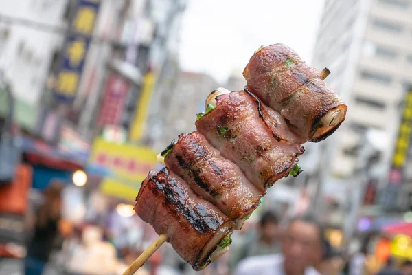 Zblízka Tchajwanského Tradičního Grilování Bbq Potravin Pozadí Nočního Trhu Tchaj Stock Fotografie