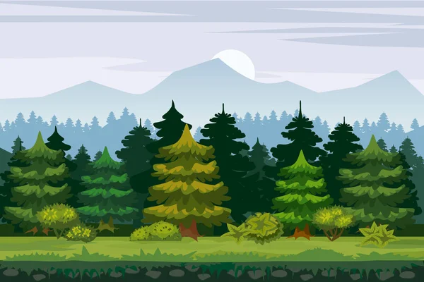 Illustration vectorielle de la forêt d'épinettes pour le jeu UI. . Pour imprimer, créer des vidéos ou du graphisme web, interface utilisateur, carte, affiche . — Image vectorielle