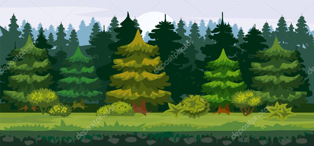 Vector cartoon illustration of the spruce forest for the game UI. . For print, create videos or web graphic design, user interface, card, poster.