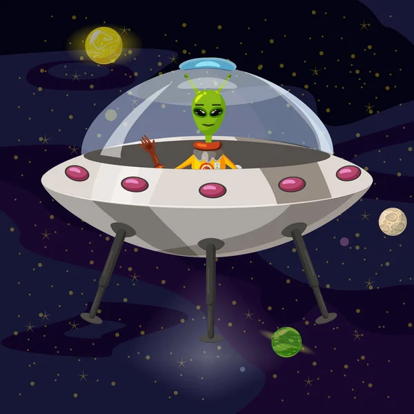 Alien de dibujos animados en platillo volador, OVNI, vector, aislado — Vector de stock