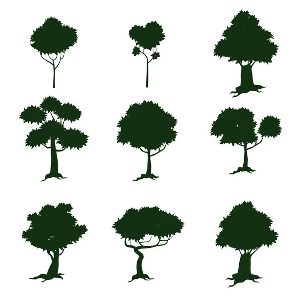 Set di alberi, silhouette, stile cartone animato, isolato, vettore, illustrazione — Vettoriale Stock