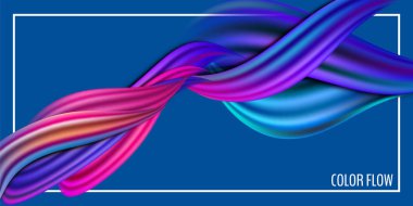 Modern renkli akış posteri. Mavi arkaplanda dalga sıvısı şekli. Tasarım projen için sanat tasarımı. Vektör illüstrasyonu