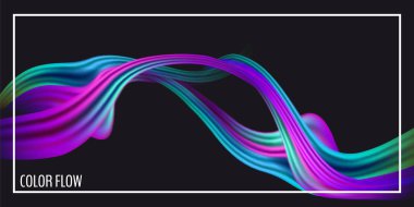 Modern renkli akış posteri. Siyah arkaplanda dalga sıvısı şekli. Tasarım projen için sanat tasarımı. Vektör illüstrasyonu