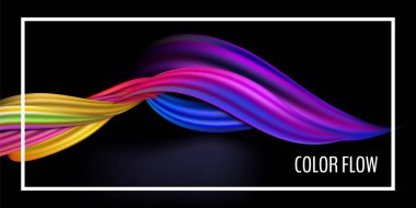 Modern renkli akış posteri. Siyah arkaplanda dalga sıvısı şekli. Tasarım projen için sanat tasarımı. Vektör illüstrasyonu