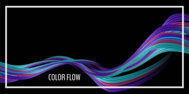 Modern renkli akış posteri. Siyah arkaplanda dalga sıvısı şekli. Tasarım projen için sanat tasarımı. Vektör illüstrasyonu