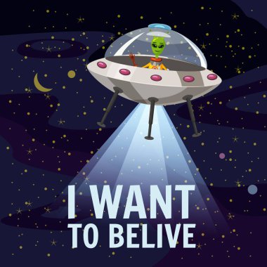 UFO poster. İçin inanmak istiyorum. Uçan daire, yaratık, karikatür tarzı, vektör çizim