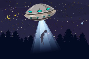 Ufo bir adam kaçırıyor, yaz gece orman manzara, yıldızlar ve ay gökyüzünde vektör arka plan. İzole karikatür tarzı