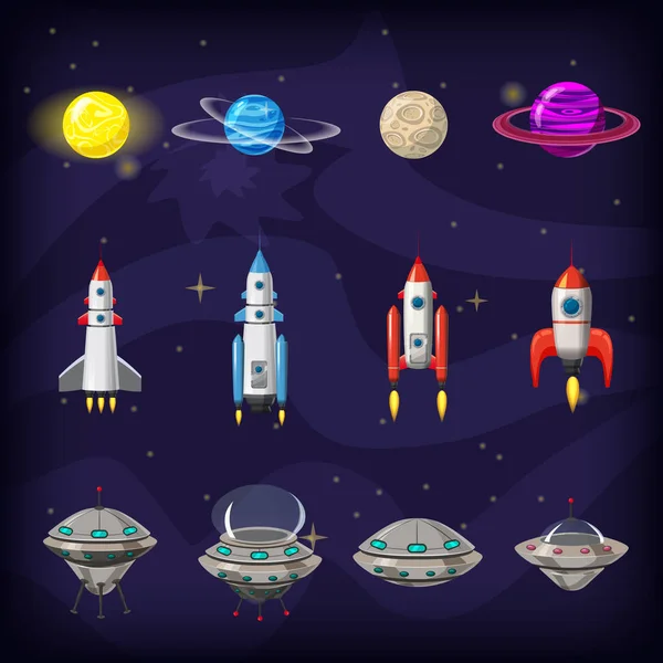 Conjunto de ícones de desenhos animados espaciais. Planetas, foguetes, elementos ufo sobre fundo cósmico, vetor, isolado, estilo cartoon —  Vetores de Stock