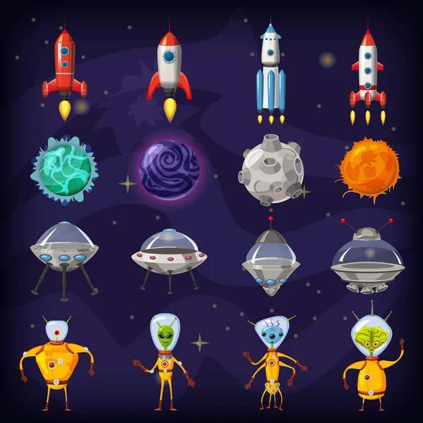 Ruimte cartoon pictogrammen instellen. Planeten, raketten, ufo elementen op kosmische achtergrond, vector, geïsoleerd, cartoon stijl — Stockvector