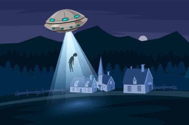 Bir erkek, yaz gece çiftlik manzarası, evler, gece alanıyla kaçırdıktan Ufo arka plan yıldız ile vektör ve gökyüzünde ay. İzole karikatür tarzı