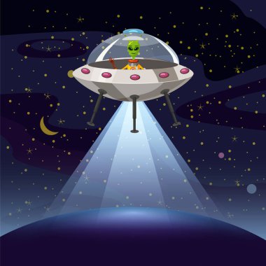 UFO poster. Uçan daire, uzaylı, sartoon stil, vektör çizim