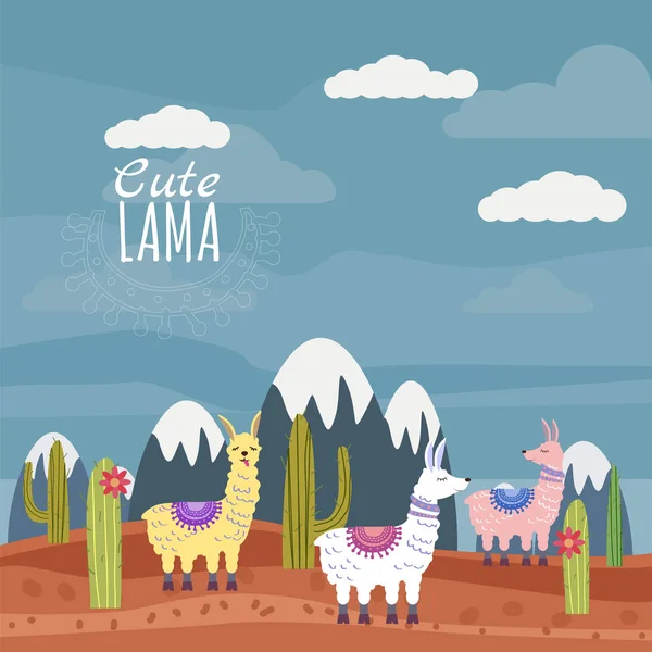 Ensemble de lama vectoriel mignon et cactus, paysage de montagne. Illustration vectorielle — Image vectorielle