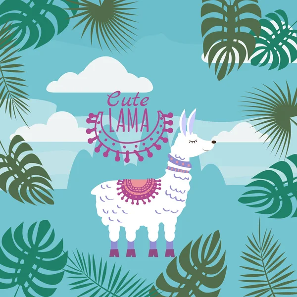Ensemble de Lamas mignons, ornement floral, fond, paysage de montagne, isolé, vecteur, illustration — Image vectorielle
