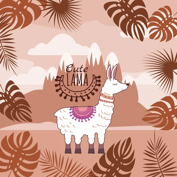 Ensemble de Lamas mignons, ornement floral, fond, paysage de montagne, isolé, vecteur, illustration — Image vectorielle