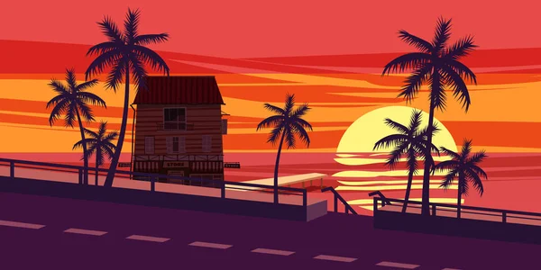 Zonsondergang, Oceaan, avond, palm bomen zee oever, vector, illustratie, geïsoleerd, cartoon stijl — Stockvector