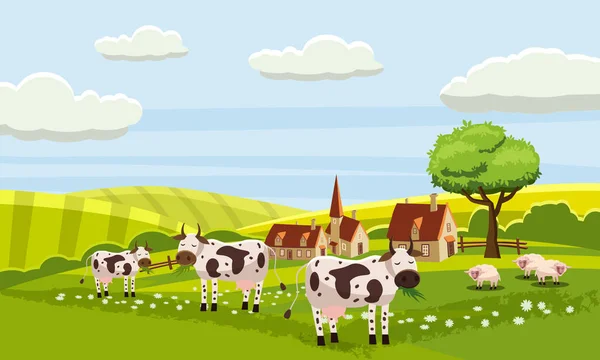 Agriturismo Carino Vista Fattoria Mucca Pecore Vettoriale Illustrazione Isolato — Vettoriale Stock