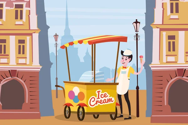 Vendedor de sorvete, carrinho, fundo da cidade, vetor, ilustração, estilo dos desenhos animados, isolado — Vetor de Stock
