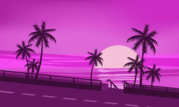 Puesta del sol, océano, tarde, palmeras orilla del mar, vector, ilustración, aislado, estilo de dibujos animados — Vector de stock