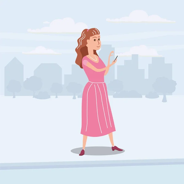 Printgirl tiener ziet er in een smartphone op de go, achtergrond stad, vector, illustratie, cartoon stijl, geïsoleerd — Stockvector