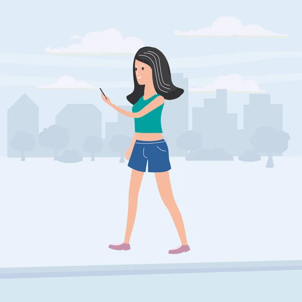 Printgirl tiener ziet er in een smartphone op de go, achtergrond stad, vector, illustratie, cartoon stijl, geïsoleerd — Stockvector