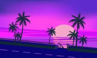 Günbatımı okyanus akşamlar palm ağaçlar deniz kıyısında vektör, illüstrasyon, izole, karikatür tarzı
