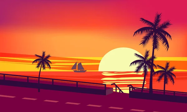 Coucher de soleil, océan, soir, palmiers bord de mer, vecteur, illustration, isolé, style dessin animé — Image vectorielle