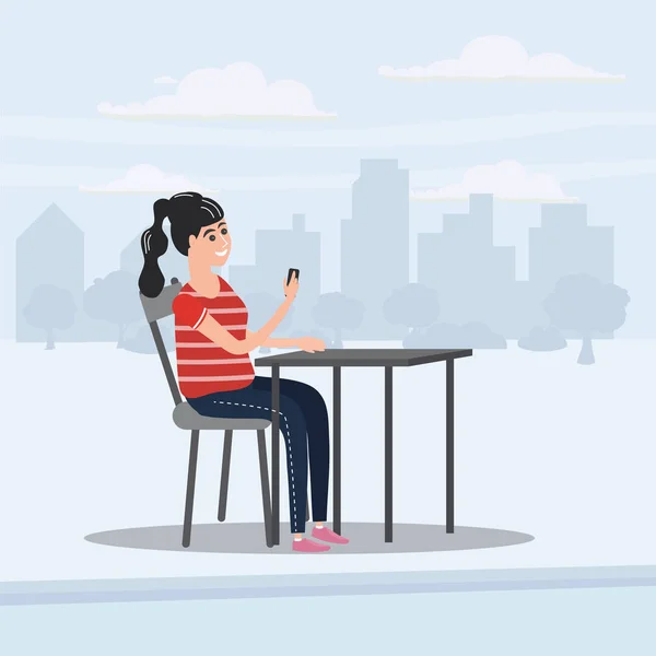 Menina adolescente olha na tabela do smartphone no café, cidade de fundo, vetor, ilustração, estilo dos desenhos animados, isolado — Vetor de Stock