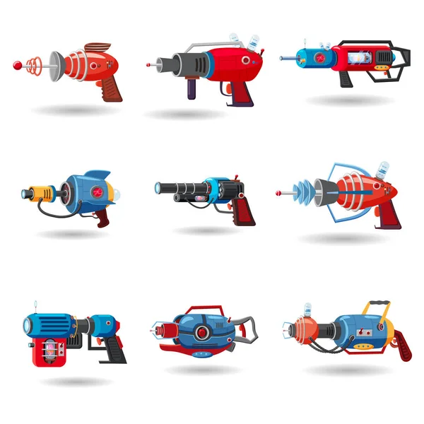 Çizgi film retro boşluk blaster, ışın silahı, lazer silah ayarla. Vektör çizim. Karikatür tarzı