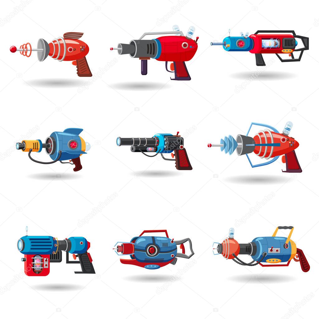 Set cartoon retro space blaster, ray gun, laser weapon. Vector illustration. Cartoon style