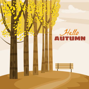 Ağaçlar, tepeler, şube ve sonbahar yaprakları, vactor resimler, karikatür tarzı sonbahar manzara