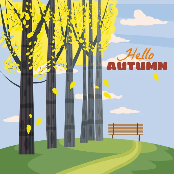 Paysage d'automne avec arbres, collines, branches et feuilles d'automne, illustrations de vacanciers, style dessin animé — Image vectorielle