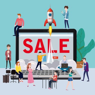 Geliştiriciler, başlayan bir online proje üzerinde çalışan online mağaza, ticaret, karakterler, ofis işleri, uygulama, bir takım açık dizüstü bilgisayar, satış, vektör, illüstrasyon izole,