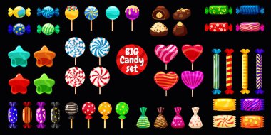 Süp farklı şeker siyah arka plan sert şekerlemeler badem jöle fasulye nane şeker üzerinde ayarla. Vektör çizim,