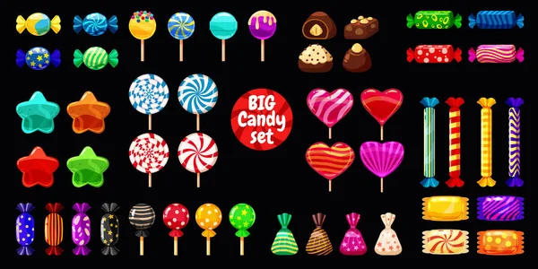 Süp farklı şeker siyah arka plan sert şekerlemeler badem jöle fasulye nane şeker üzerinde ayarla. Vektör çizim,