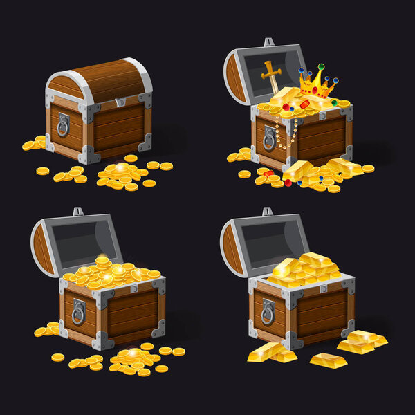 Set old pirate chests full of treasures, gold coins, ingots, jewelry, crown, dagger, vector, cartoon style, illustration, isolated. For games, advertising applications