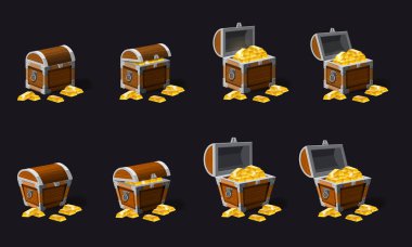 Eski korsan sandıklar izole hazineleri, altın vektörü, karikatür tarzı, illüstrasyon, dolu ayarlayın. Uygulamalar için Oyunlar, reklam