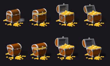Set old pirate chests full of treasures, gold coins, vector, cartoon style, illustration, isolated. For games, advertising applications clipart