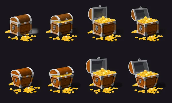 Set oude piraat kisten vol schatten, gouden munten, vector, cartoon stijl, illustratie, geïsoleerd. Reclame voor games, toepassingen — Stockvector