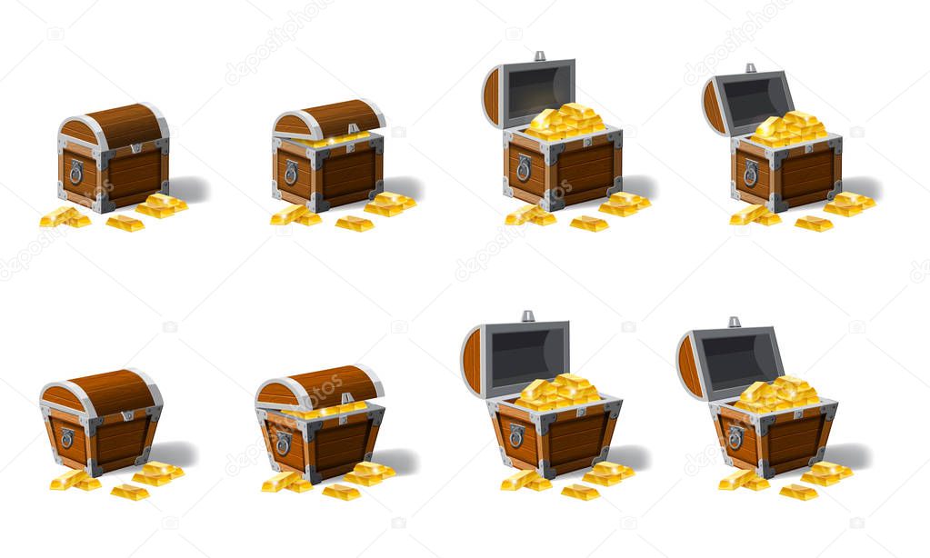 Set old pirate chests full of treasures, gold vector, cartoon style, illustration, isolated. For games, advertising applications