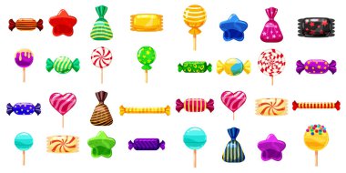 Süp farklı şeker beyaz arka plan sert şekerlemeler badem jöle fasulye nane şeker üzerinde ayarla. Vektör çizim,