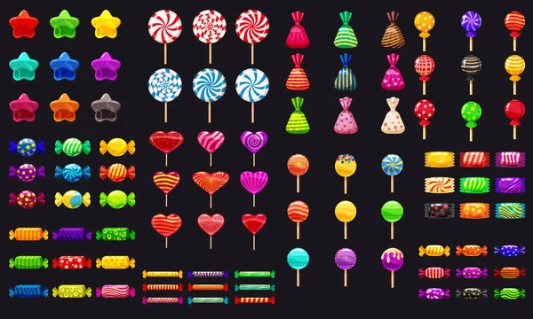 Süp farklı şeker siyah arka plan sert şekerlemeler badem jöle fasulye nane şeker üzerinde ayarla. Vektör çizim,