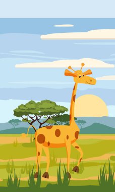 Zürafa arka planda Afrika manzara, savana, karikatür tarzı, vektör çizim