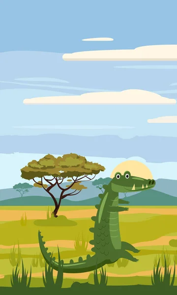 Crocodile sur fond de paysage africain, savane, dessin animé, illustration vectorielle — Image vectorielle