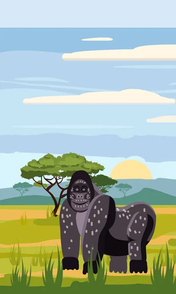 Gorila no fundo da paisagem africana, savana, Estilo dos desenhos animados, ilustração vetorial — Vetor de Stock