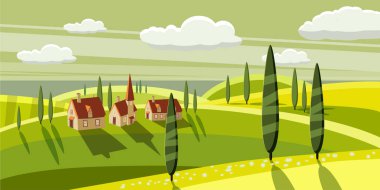 Güzel kırsal, çiftlik, köy, otlatma inek, koyun, çiçekler, bulutlar, karikatür tarzı, vektör çizim