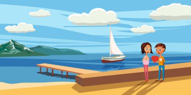 Denizde şezlong üzerinde oturan bir çift. Arkadan - aşk görüntüleyin veya kavramı tatil. Vektör çizim