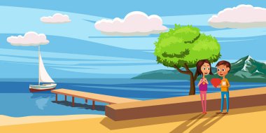 Denizde şezlong üzerinde oturan bir çift. Arkadan - aşk görüntüleyin veya kavramı tatil. Vektör çizim