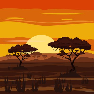 Afrika manzara, gün batımı, savannah, Doğa, ağaçlar, vahşi, karikatür tarzı, vektör çizim
