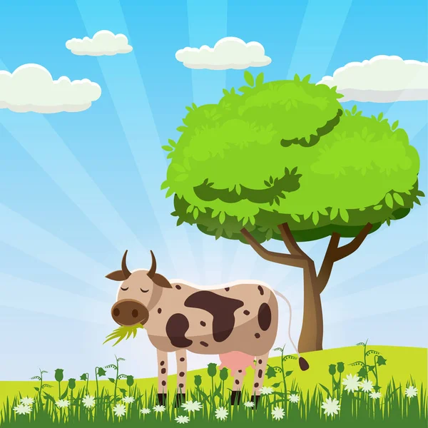 Une vache broute dans une prairie mangeant de l'herbe dans un paysage, Cartoon style, illustration vectorielle — Image vectorielle