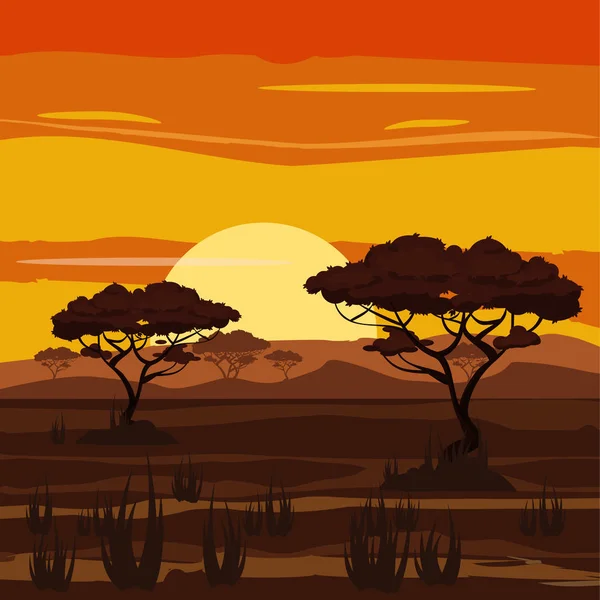 Afrikanische Landschaft, Sonnenuntergang, Savanne, Natur, Bäume, Wildnis, Cartoon-Stil, Vektorillustration — Stockvektor